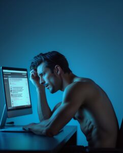 A shirtless man sits at his desk, looking at a laptop screen filled with spam and bots, appearing disappointed.